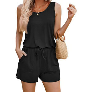 Women's  Black Summer Solid Jumpsuit Loose Sleeveless Short Jumpsuit Rompers w